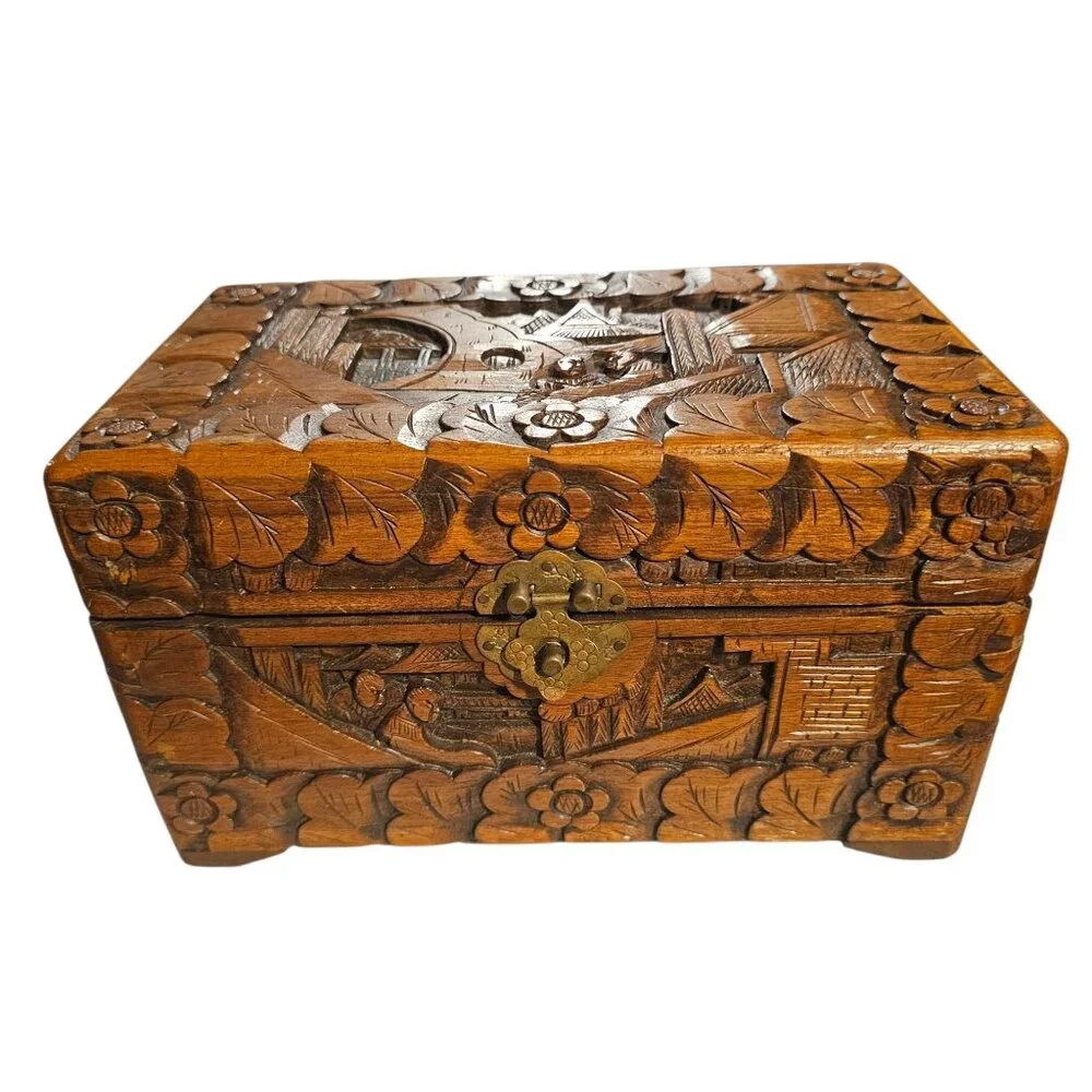Vintage Intricate Carved Asian Decorative Dresser Jewelry Box Scenic Masculine